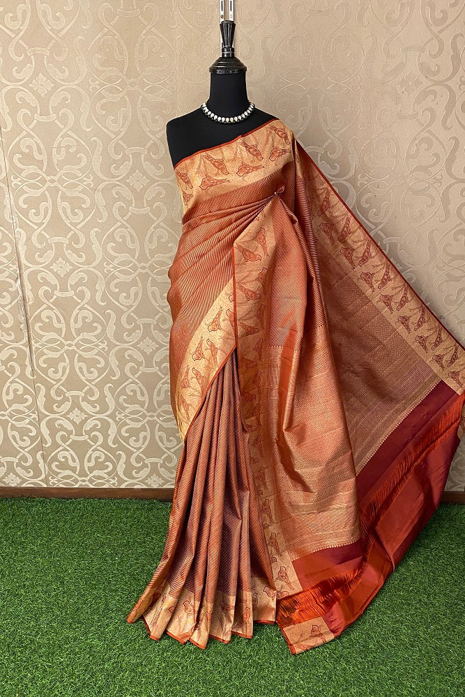 Brick Red Pure Kanjeevaram Silk Saree, With Unstiched Blouse