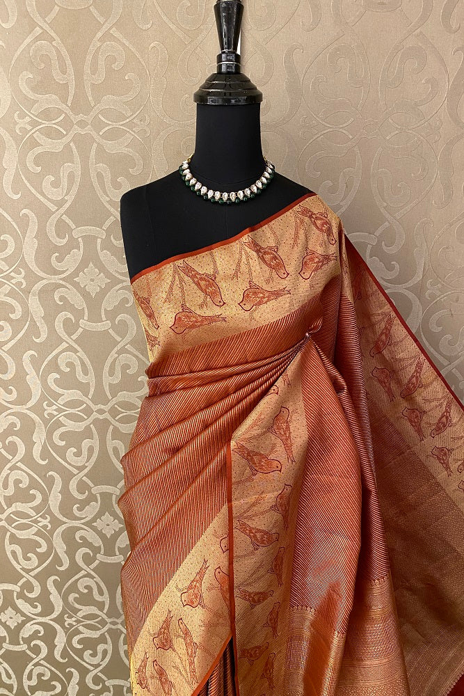 Brick Red Pure Kanjeevaram Silk Saree, With Unstiched Blouse