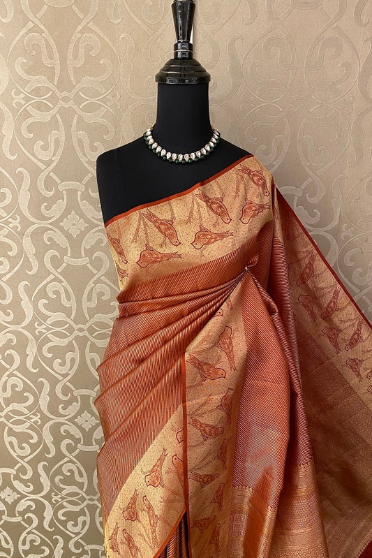 Brick Red Pure Kanjeevaram Silk Saree, With Unstiched Blouse