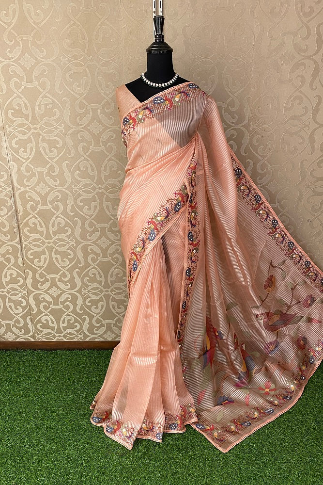 Peach Tissue Organza Silk Resham Embroidery Saree, With Unstiched Blouse
