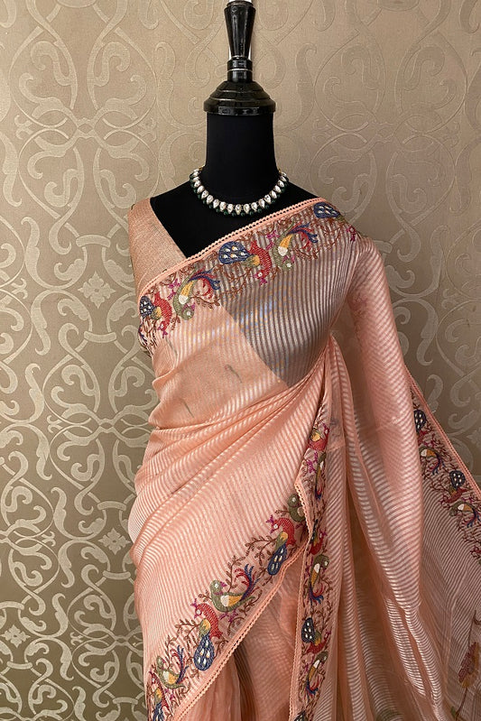 Peach Tissue Organza Silk Resham Embroidery Saree, With Unstiched Blouse