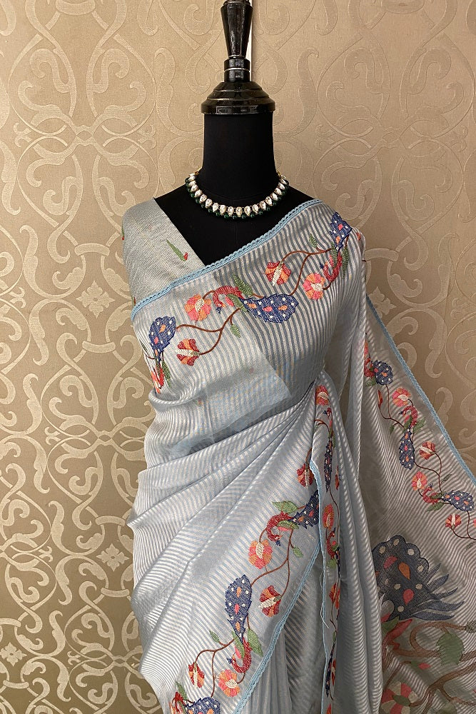 Light Blue Tissue Organza Silk Resham Embroidery Saree, With Unstiched Blouse