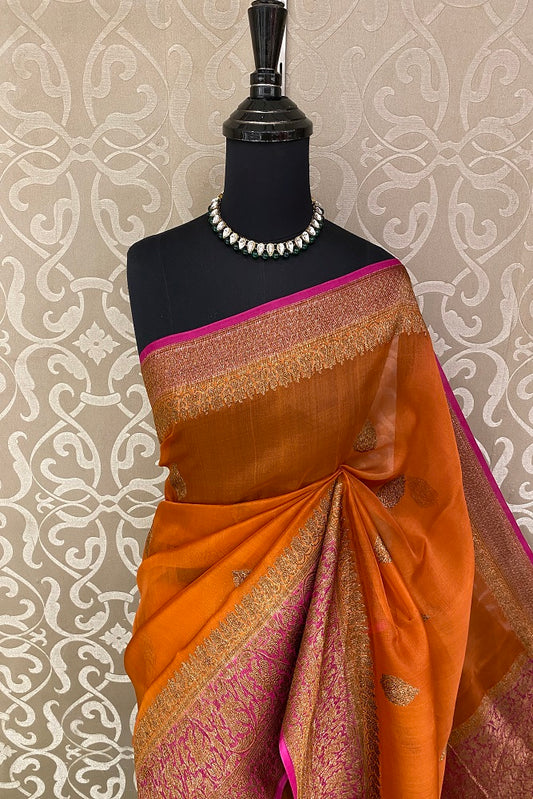 Rust Orange KORA BANARASI SILK SAREE WITH BLOUSE PIECE