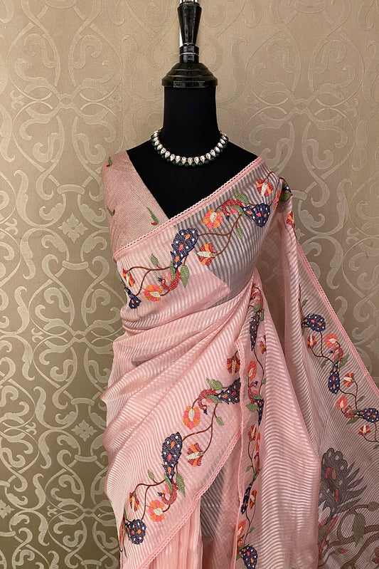 Pink Tissue Organza Silk Resham Embroidery Saree, With Unstiched Blouse