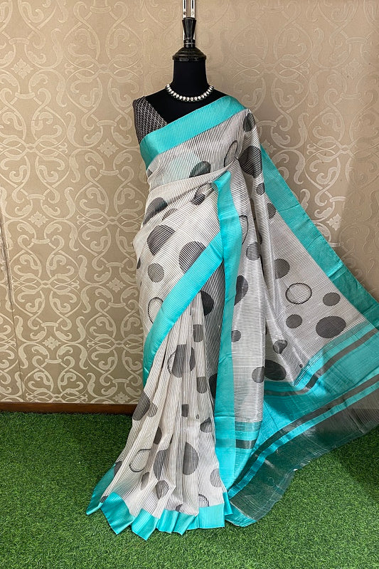 White & Balck Striped Tissue Organza Silk Printed Saree With Satin Border, With Unstiched Blouse