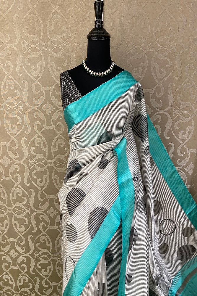 White & Balck Striped Tissue Organza Silk Printed Saree With Satin Border, With Unstiched Blouse