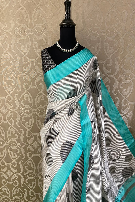 White & Balck Striped Tissue Organza Silk Printed Saree With Satin Border, With Unstiched Blouse