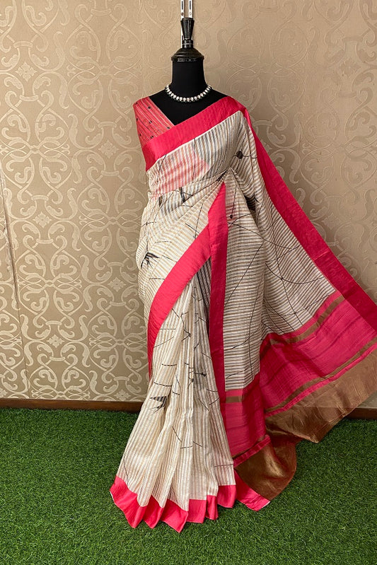 White & Balck Striped Tissue Organza Silk Printed Saree With Satin Border, With Unstiched Blouse