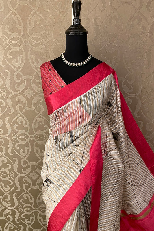 White & Balck Striped Tissue Organza Silk Printed Saree With Satin Border, With Unstiched Blouse