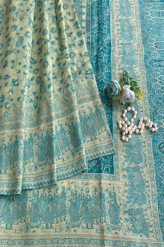 Light Green Pure Kani Handloom Silk Saree With Floral Woven Blouse