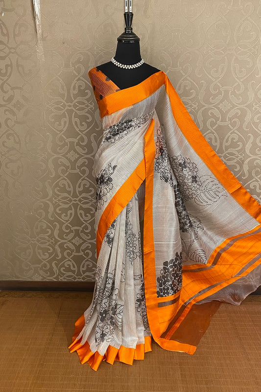White & Black Striped Tissue Organza Silk Printed Saree With Satin Border, With Unstiched Blouse