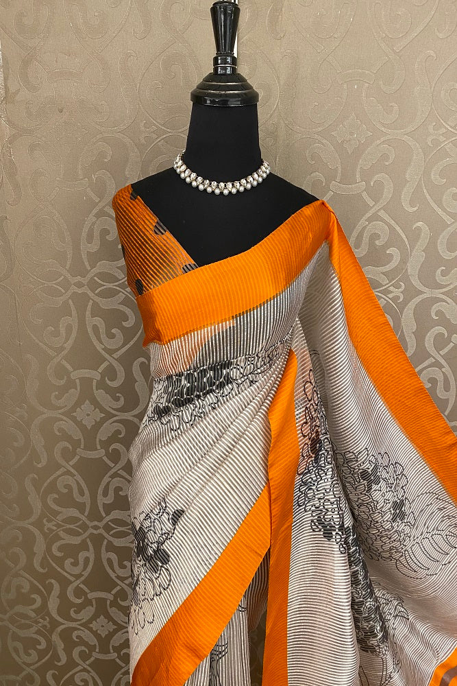 White & Black Striped Tissue Organza Silk Printed Saree With Satin Border, With Unstiched Blouse
