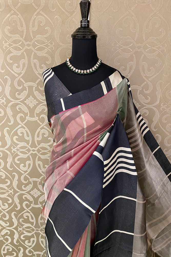 Multi Colour Tissue Banarasi Printed Saree, With Unstiched Blouse