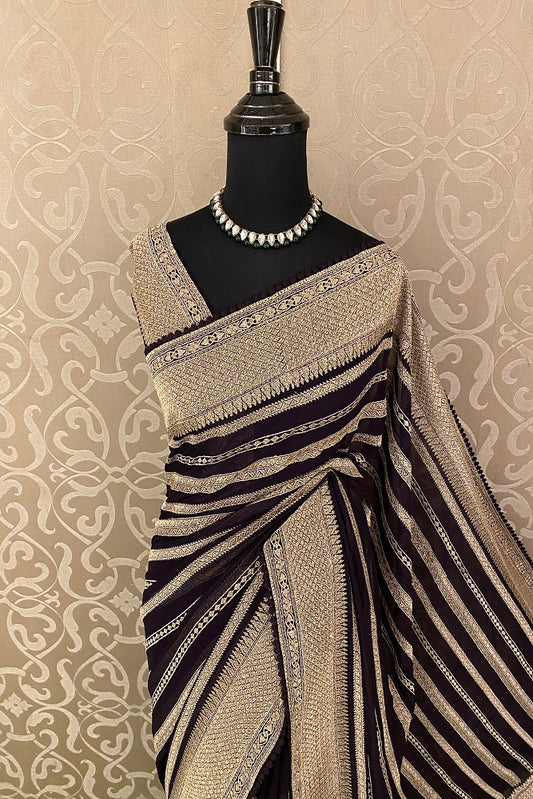 Deep Purple Georgette Saree With Pita Zari Work , Unstitched Blouse