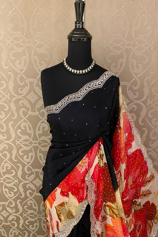 Black & Multi Organza Silk Saree Print With Embroidery Work , Readymade Blouse