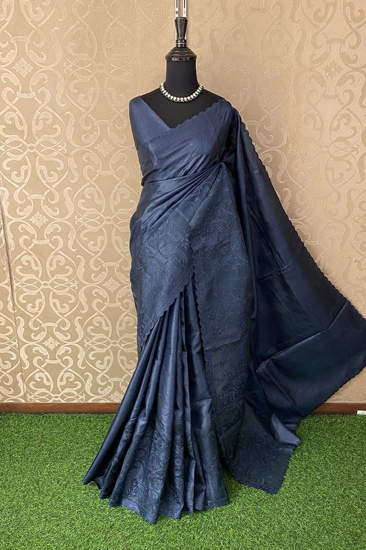 Deep Navy Blue Tussar Organza Saree With Appliqué Work Border, With Unstitched Blouse