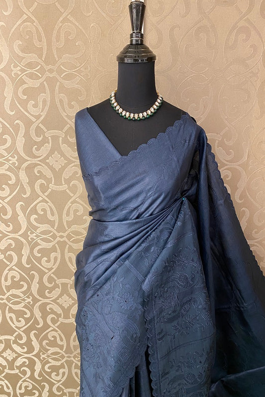 Deep Navy Blue Tussar Organza Saree With Appliqué Work Border, With Unstitched Blouse
