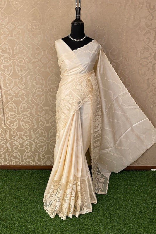 Offwhite Tussar Organza Saree With Appliqué Work Border, With Unstitched Blouse