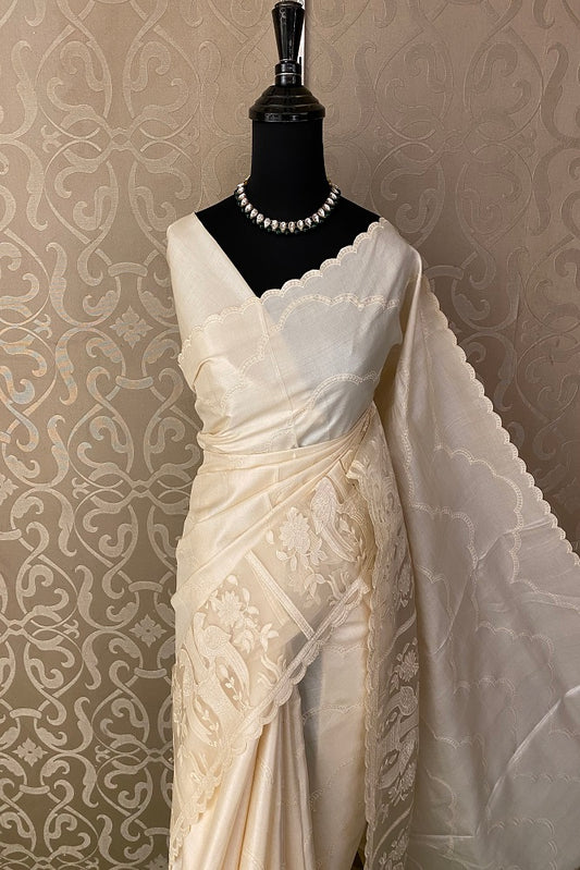 Offwhite Tussar Organza Saree With Appliqué Work Border, With Unstitched Blouse