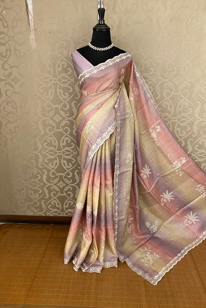 Offwhite, Pink & Purple Tussar Rangkat Embroidery Saree With Resham Work, With Unstiched Blouse