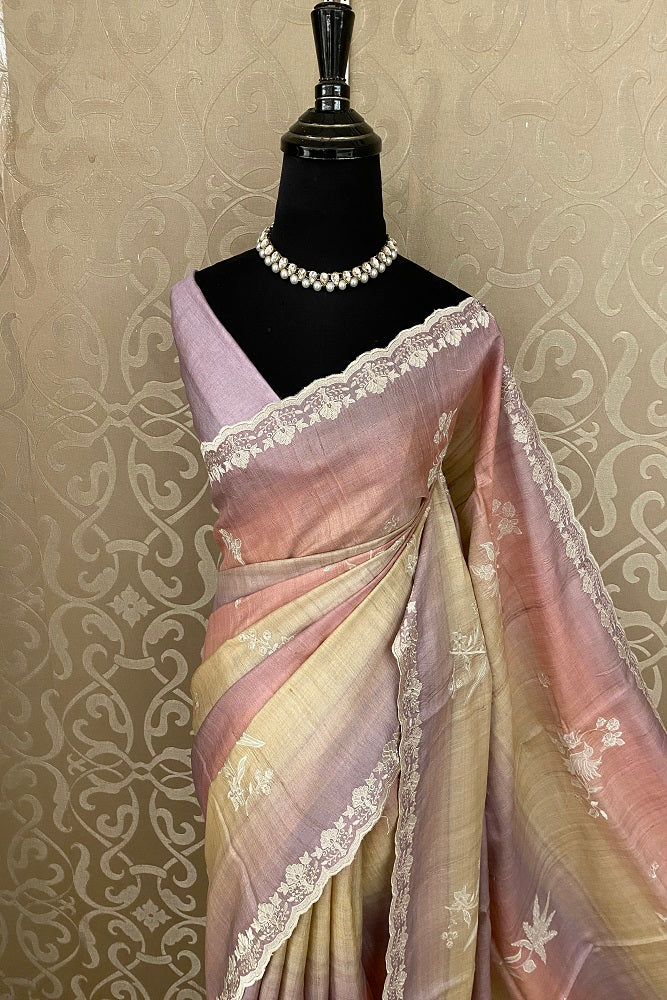 Offwhite, Pink & Purple Tussar Rangkat Embroidery Saree With Resham Work, With Unstiched Blouse