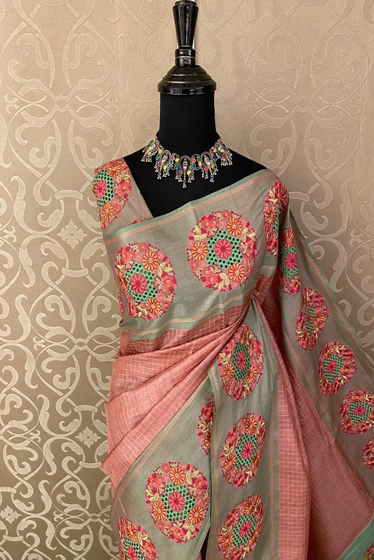 Peachish Pink Tussar Check Saree Cutwork Design With Blouse