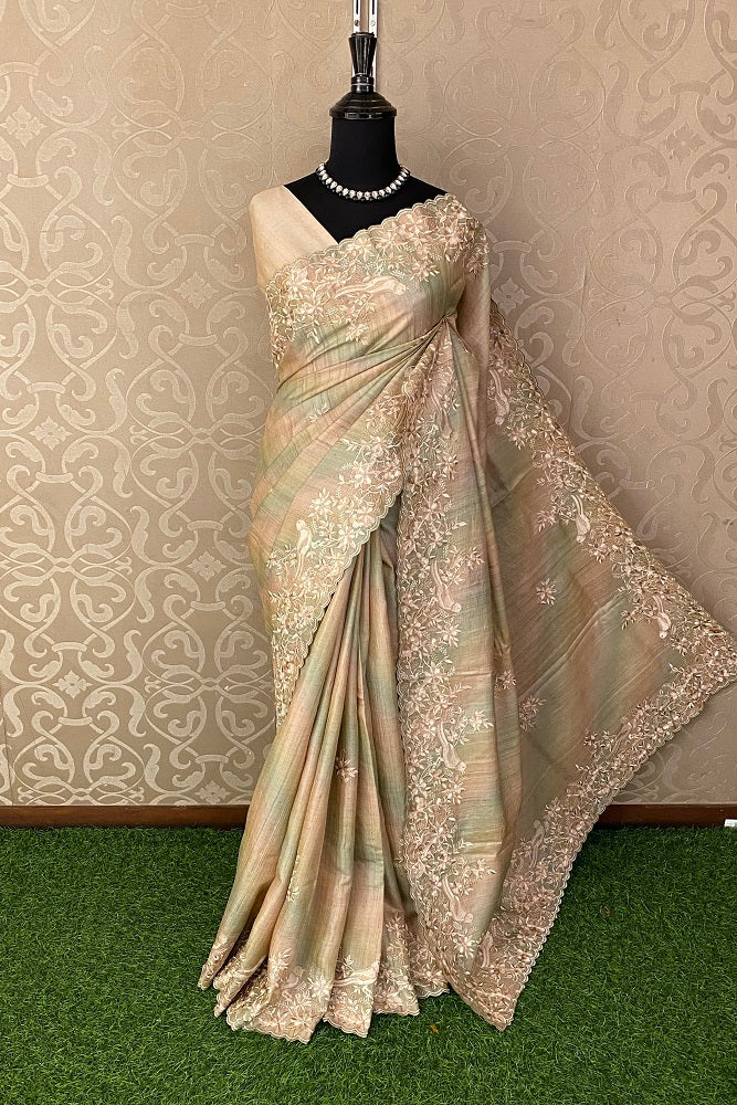 Beige & Green Tussar Rangkat Embroidery Saree With Resham Work, With Unstiched Blouse