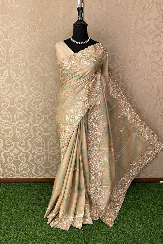Beige & Green Tussar Rangkat Embroidery Saree With Resham Work, With Unstiched Blouse
