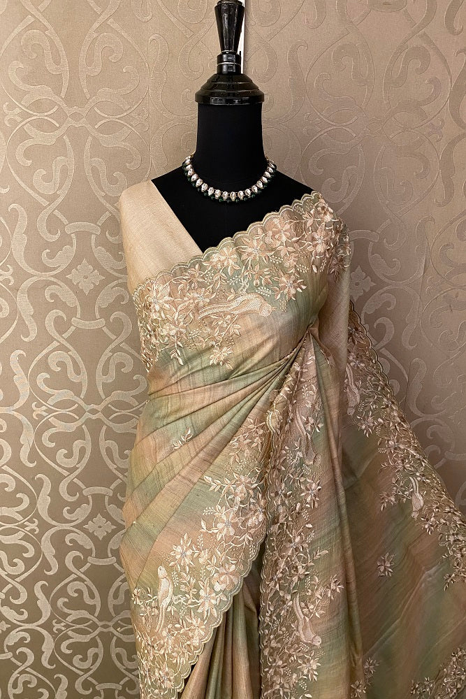 Beige & Green Tussar Rangkat Embroidery Saree With Resham Work, With Unstiched Blouse
