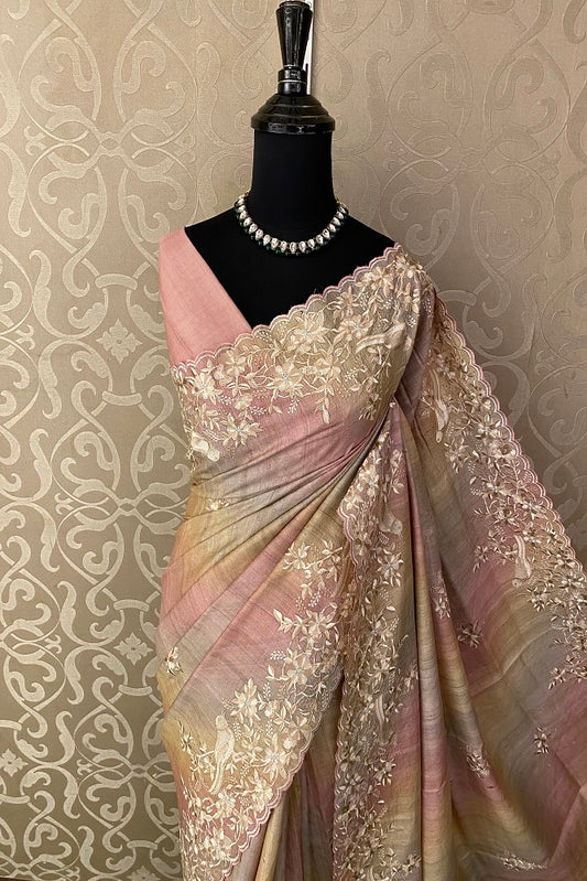 Gold, Pink & Purple Tussar Rangkat Embroidery Saree With Resham Work, With Unstiched Blouse