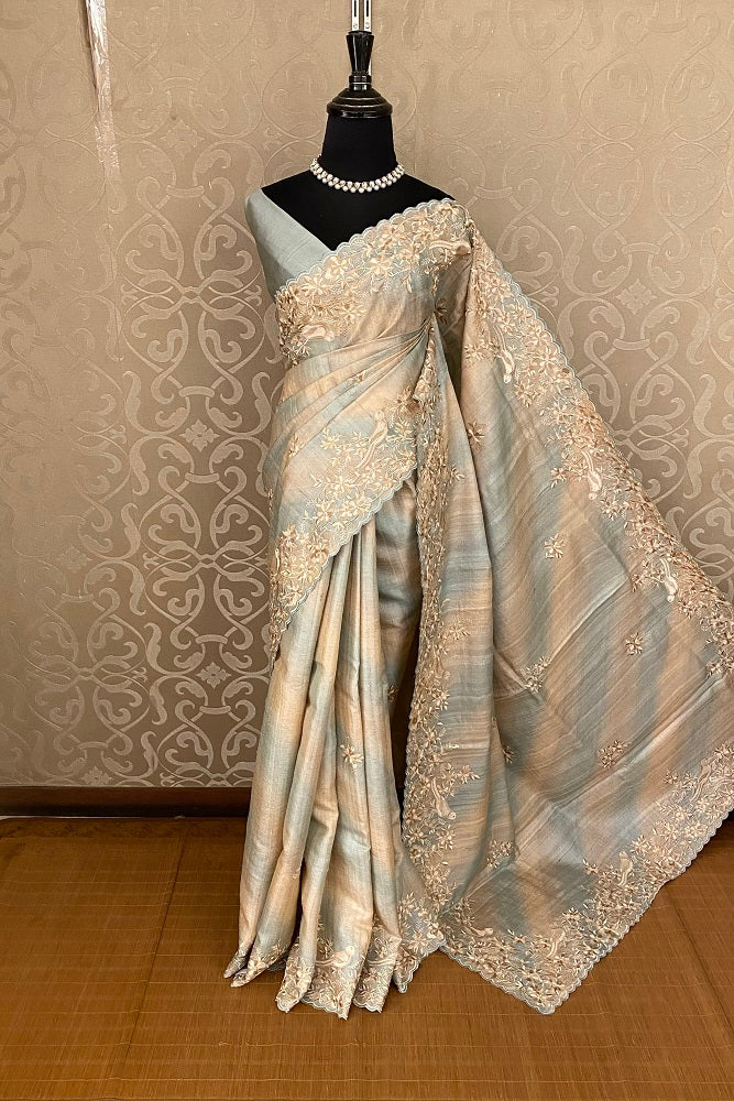 Beige & Blue Tussar Rangkat Embroidery Saree With Resham Work, With Unstiched Blouse