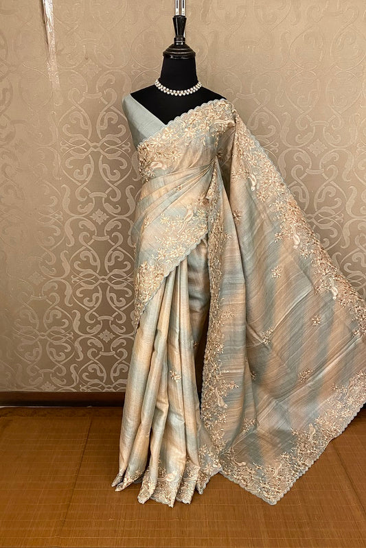 Beige & Blue Tussar Rangkat Embroidery Saree With Resham Work, With Unstiched Blouse