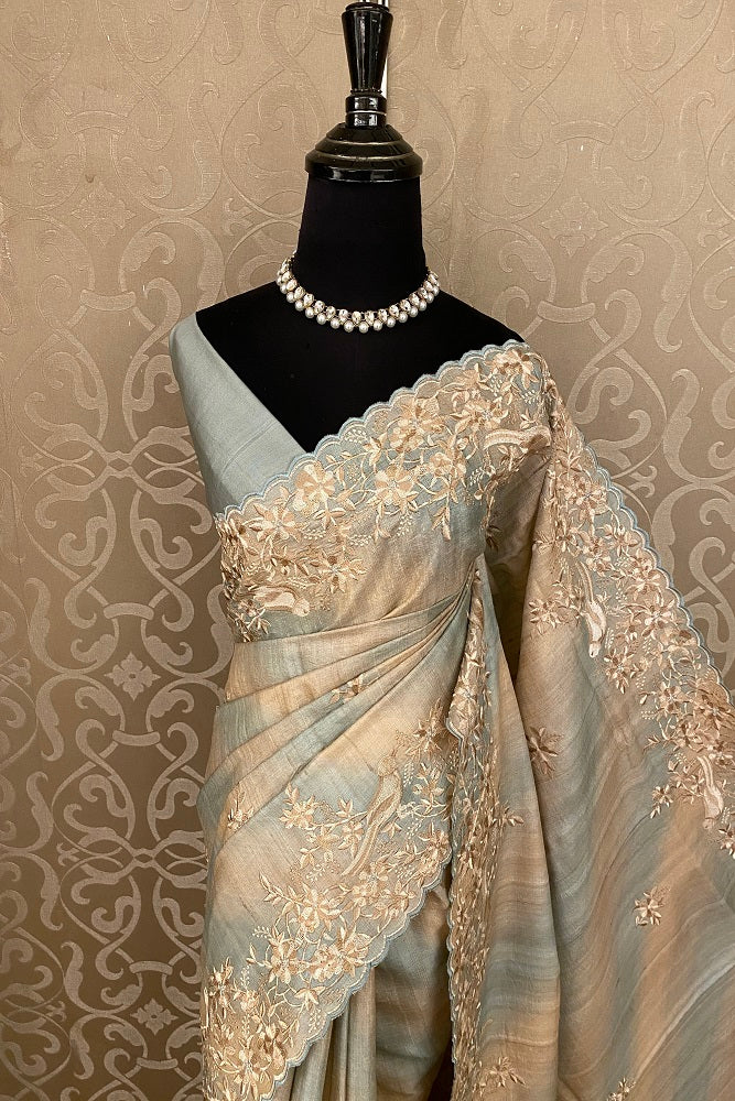 Beige & Blue Tussar Rangkat Embroidery Saree With Resham Work, With Unstiched Blouse