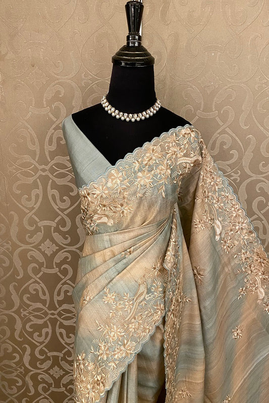 Beige & Blue Tussar Rangkat Embroidery Saree With Resham Work, With Unstiched Blouse