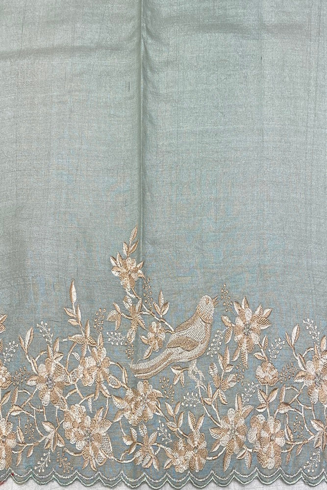 Beige & Blue Tussar Rangkat Embroidery Saree With Resham Work, With Unstiched Blouse