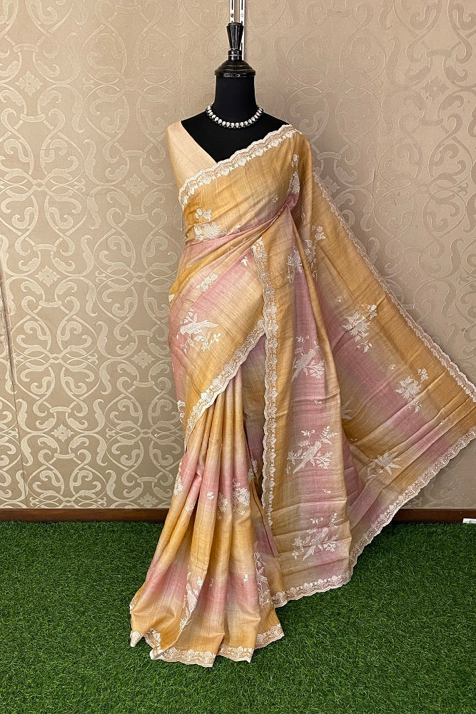 Yellow & Pink Tussar Rangkat Embroidery Saree With Resham Work, With Unstiched Blouse