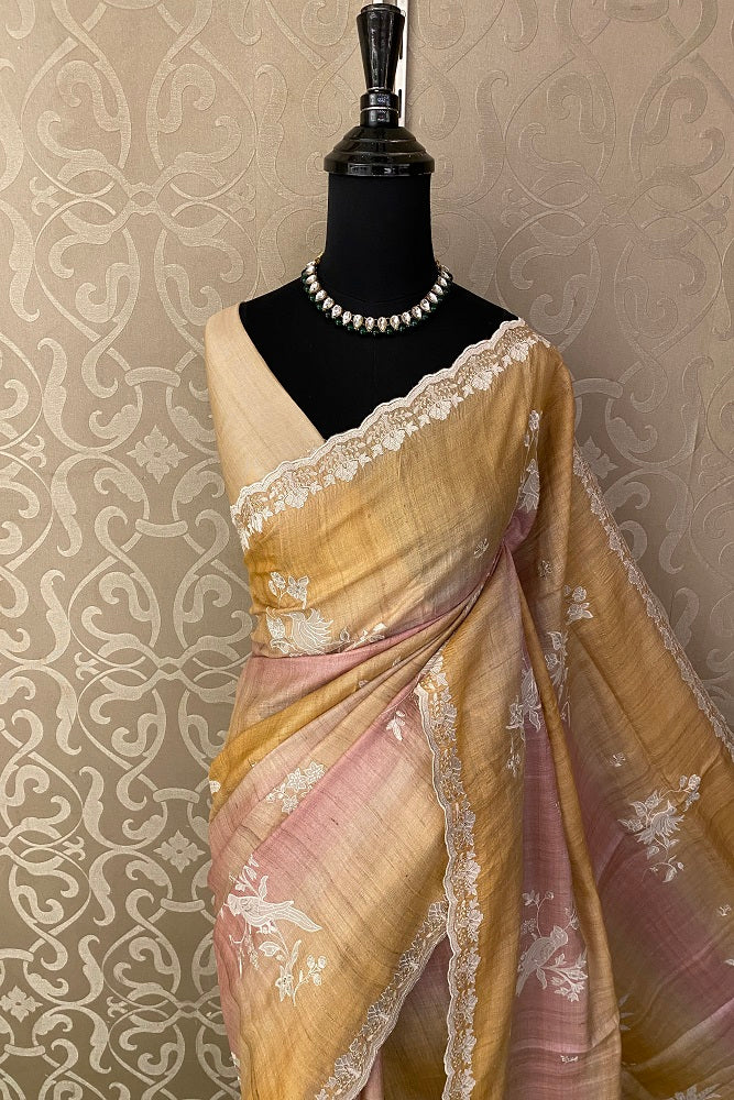 Yellow & Pink Tussar Rangkat Embroidery Saree With Resham Work, With Unstiched Blouse