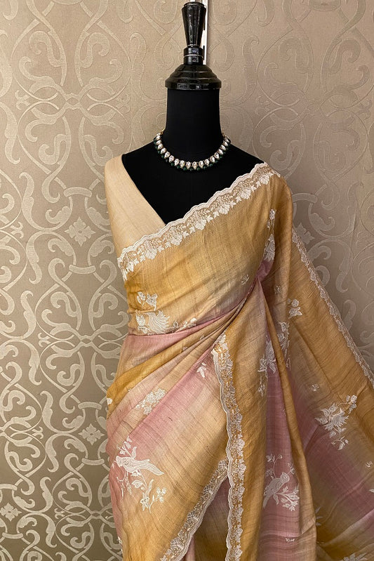 Yellow & Pink Tussar Rangkat Embroidery Saree With Resham Work, With Unstiched Blouse