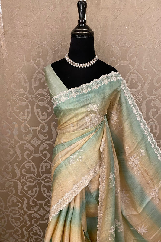 Offwhite & Sea Green Tussar Rangkat Embroidery Saree With Resham Work, With Unstiched Blouse