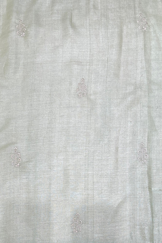 Offwhite & Sea Green Tussar Rangkat Embroidery Saree With Resham Work, With Unstiched Blouse