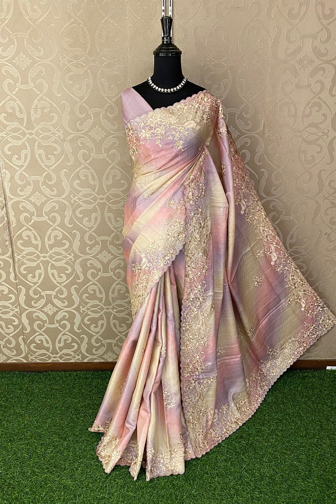 Offwhite, Lavender & Purple Tussar Rangkat Embroidery Saree With Resham Work, With Unstiched Blouse