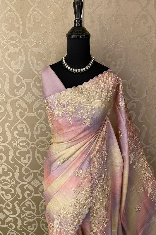 Offwhite, Lavender & Purple Tussar Rangkat Embroidery Saree With Resham Work, With Unstiched Blouse