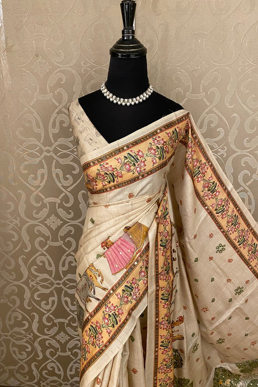 Offwhite Tussar Silk Printed Saree With Aari Work Border, With Unstiched Blouse