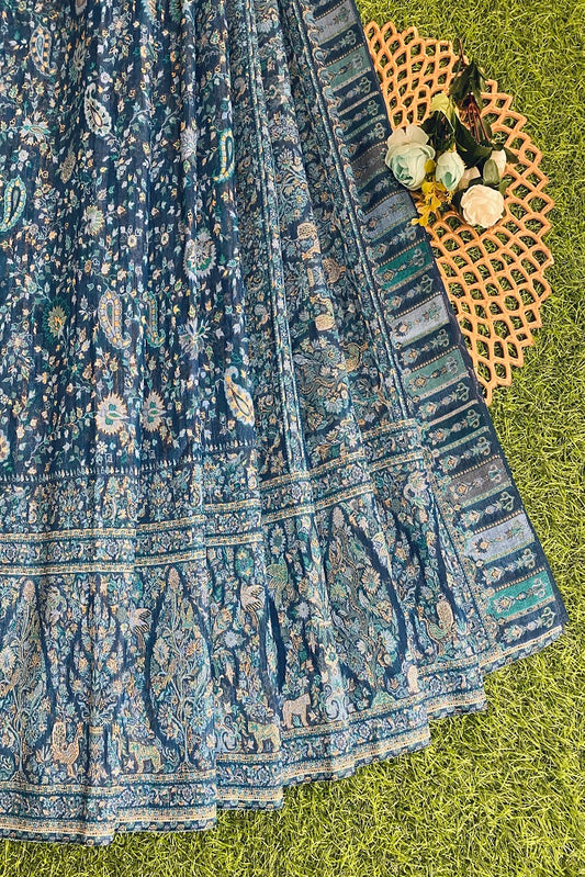 Blue Pure Kani Handloom Silk Saree With Floral Woven Blouse