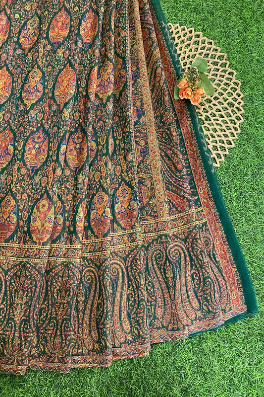 Green Pure Kani Handloom Silk Saree With Floral Woven Blouse