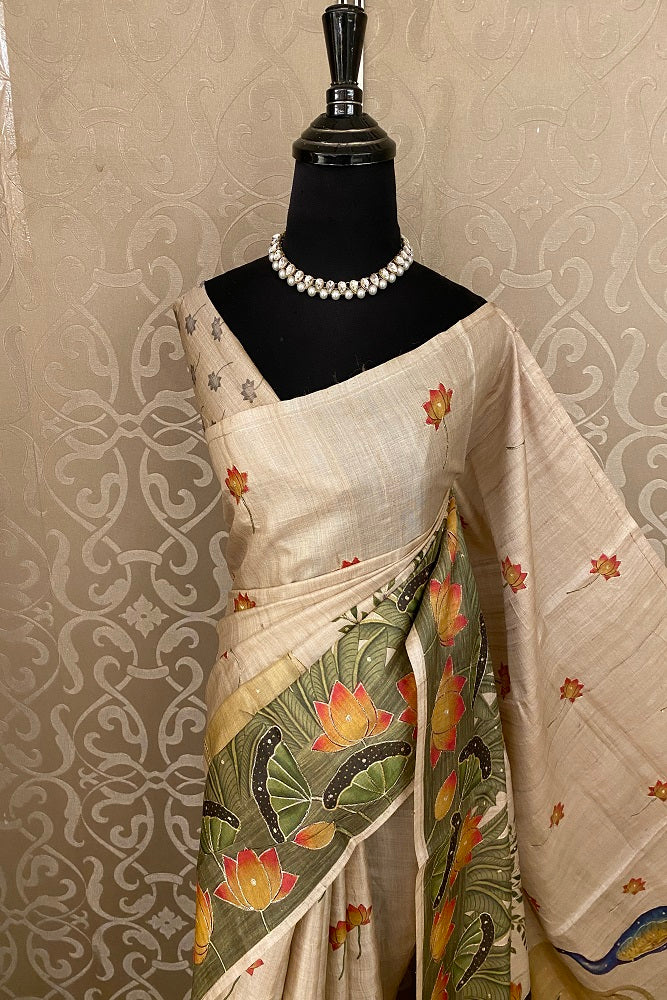 Offwhite Tussar Silk Printed Saree With Aari Work Border, With Unstiched Blouse