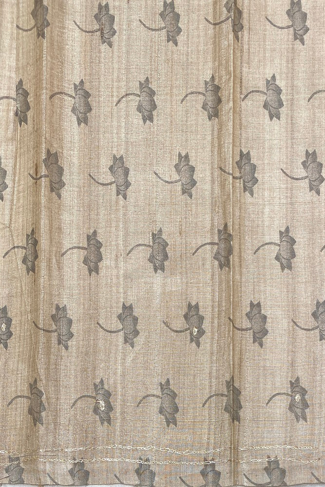 Offwhite Tussar Silk Printed Saree With Aari Work Border, With Unstiched Blouse