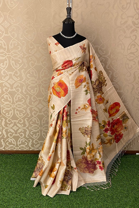 Offwhite Tussar Silk Printed Saree With Aari Work Border, With Unstiched Blouse