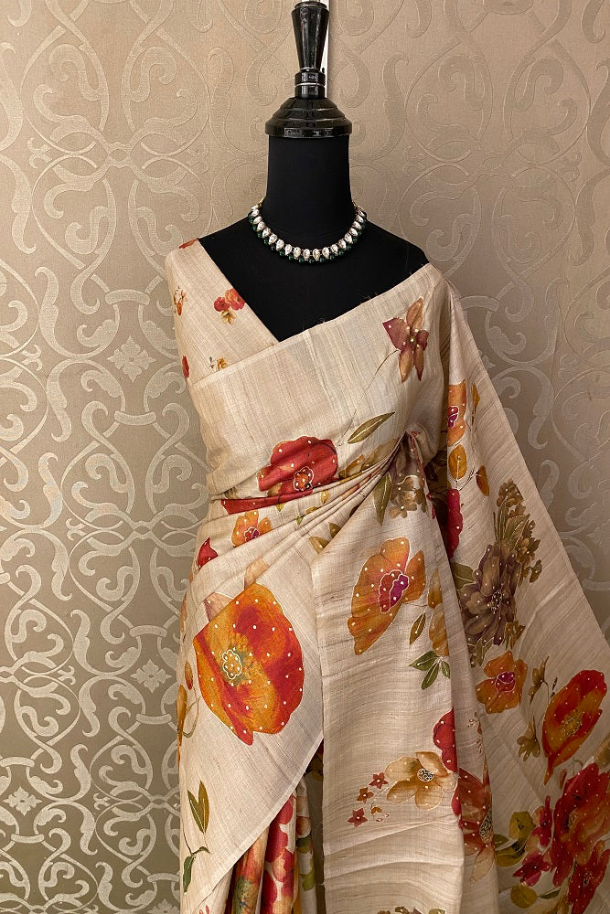 Offwhite Tussar Silk Printed Saree With Aari Work Border, With Unstiched Blouse