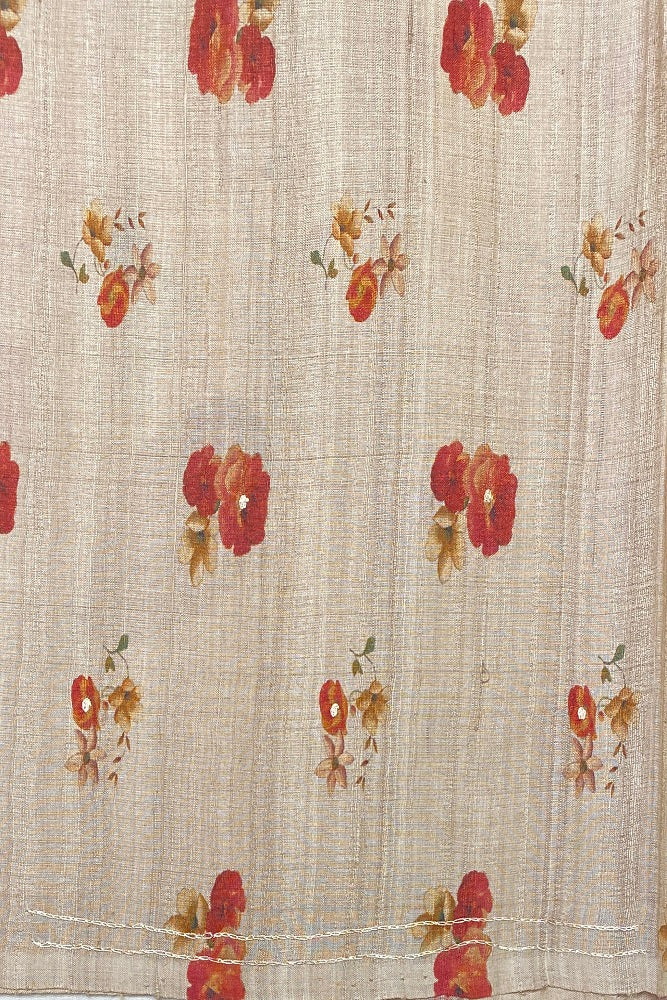 Offwhite Tussar Silk Printed Saree With Aari Work Border, With Unstiched Blouse